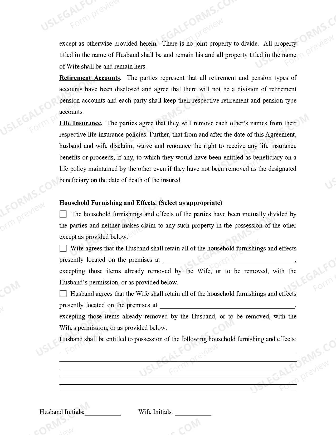 Preview Marital Legal Separation and Property Settlement Agreement for persons with no Children, no Joint Property, or Debts Effective Immediately