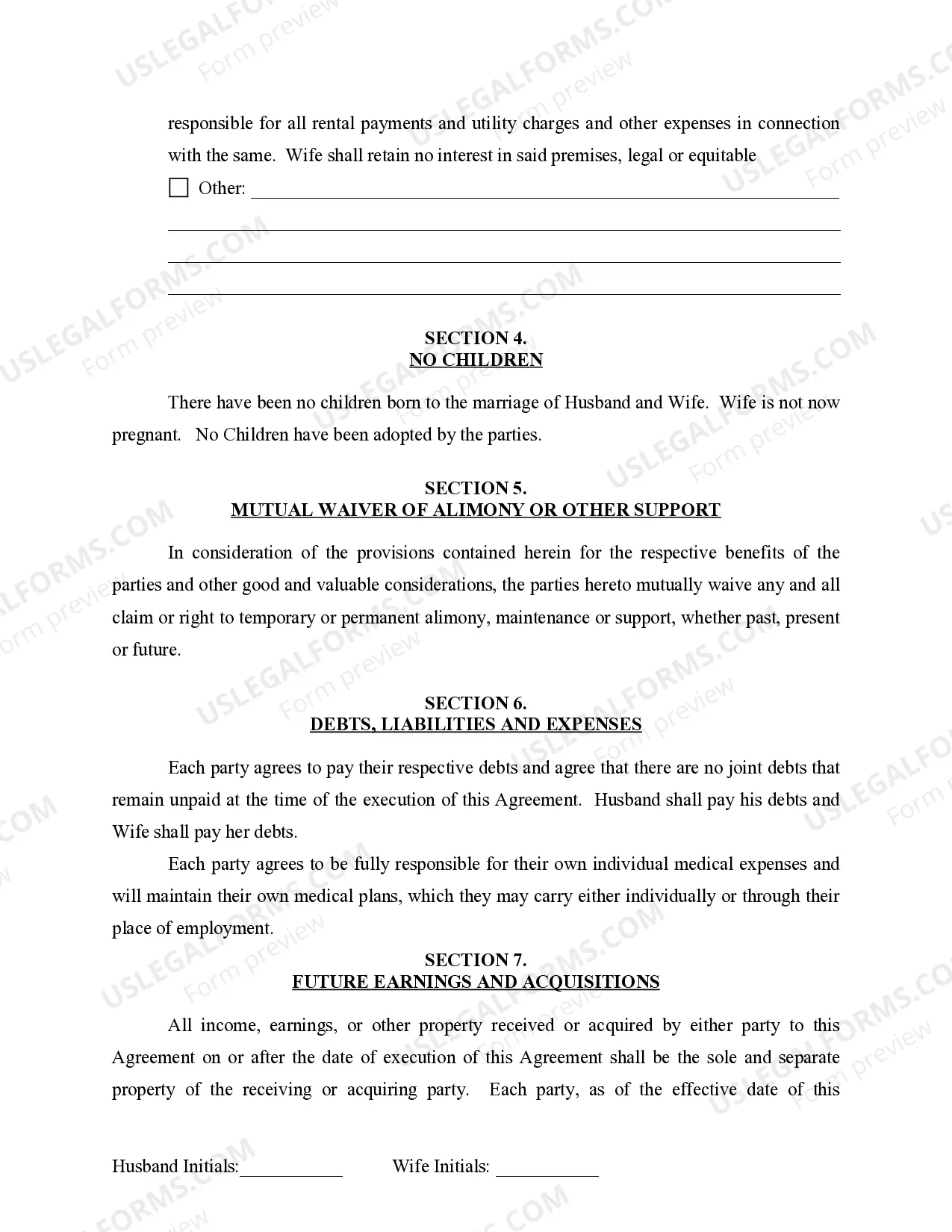 Preview Marital Legal Separation and Property Settlement Agreement for persons with no Children, no Joint Property, or Debts Effective Immediately