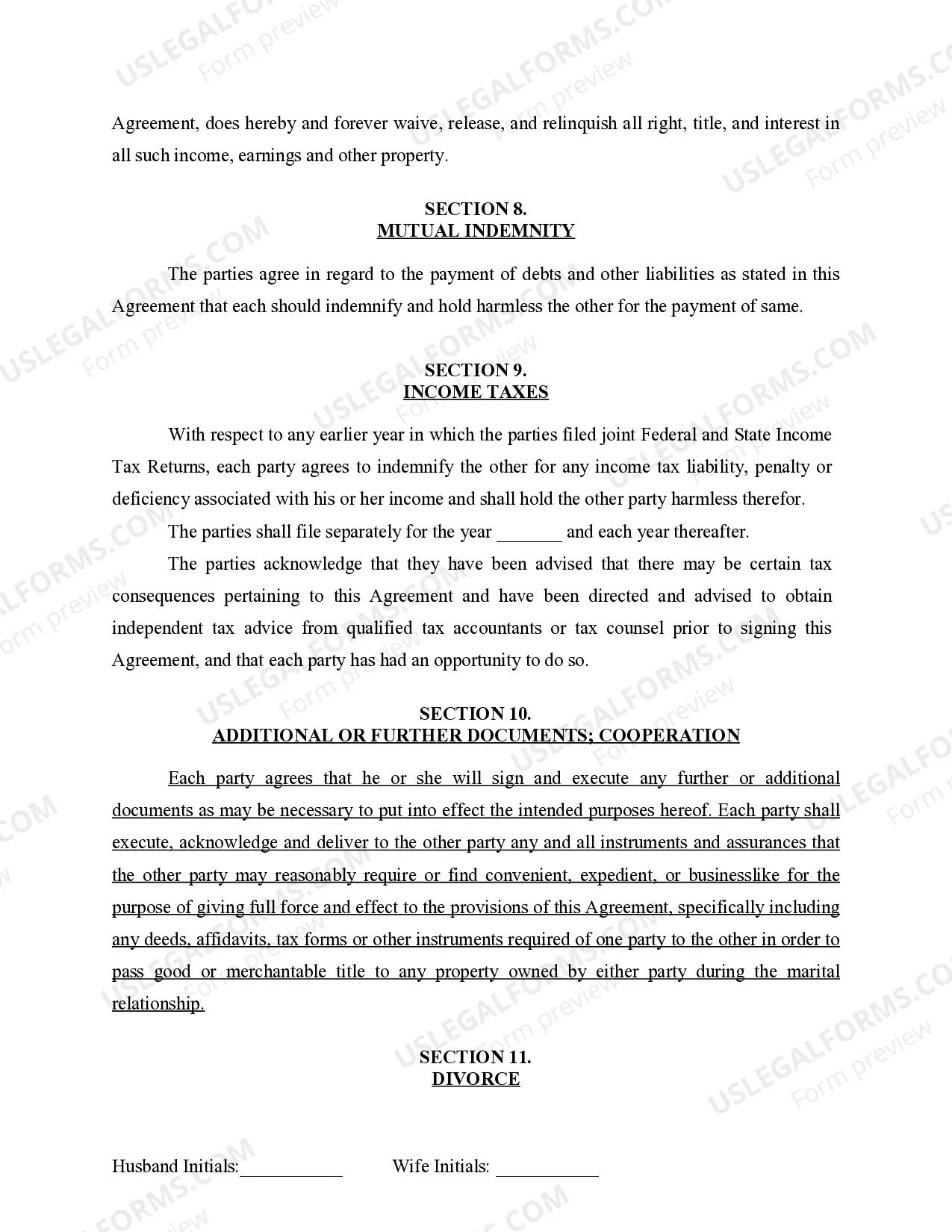 Preview Marital Legal Separation and Property Settlement Agreement for persons with no Children, no Joint Property, or Debts Effective Immediately