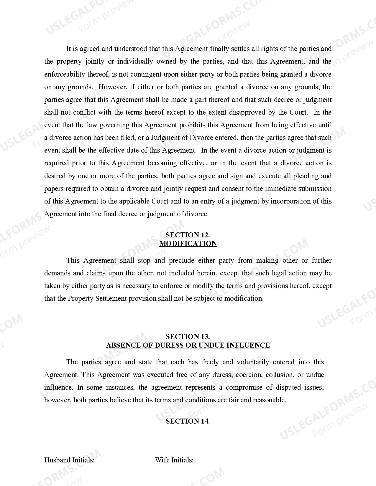Preview Marital Legal Separation and Property Settlement Agreement for persons with no Children, no Joint Property, or Debts Effective Immediately