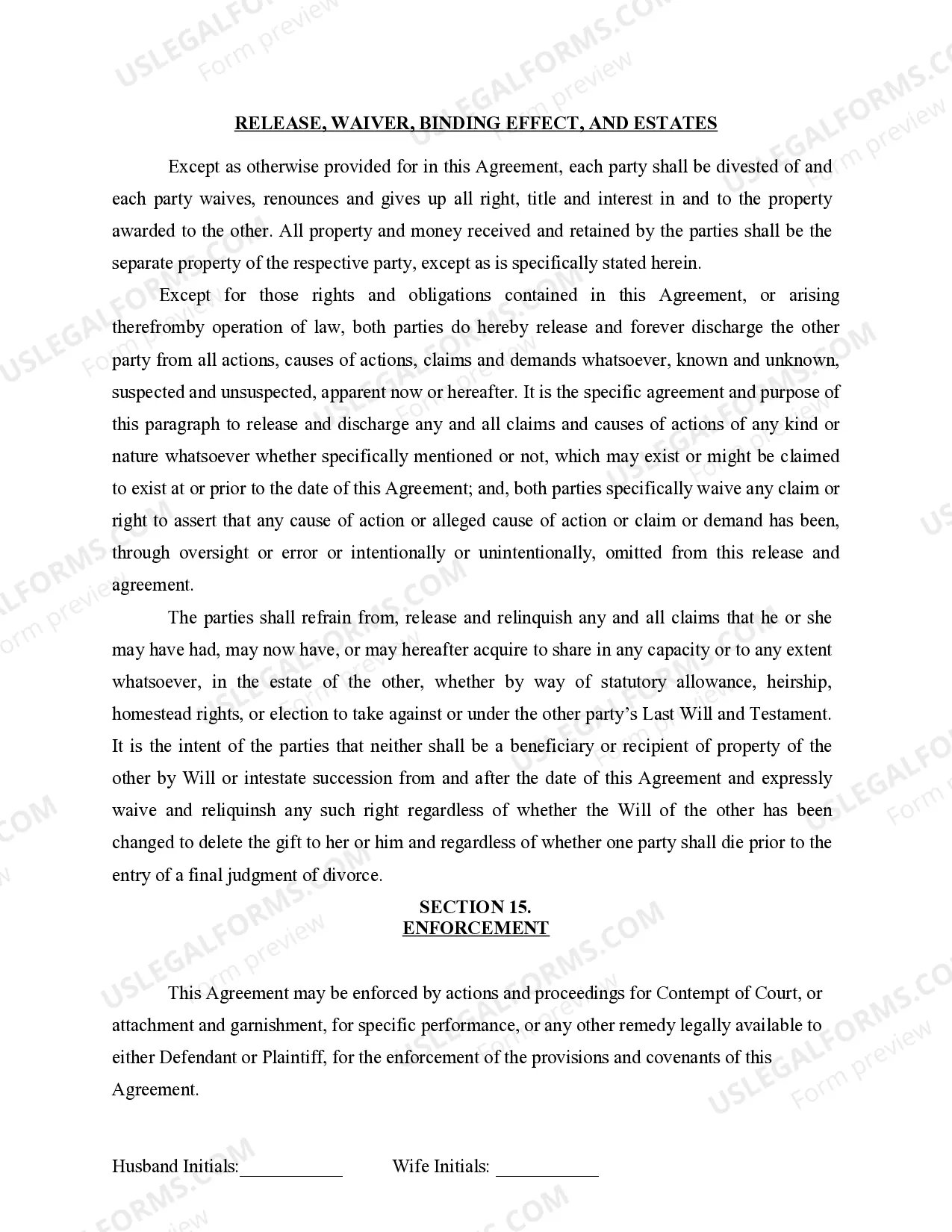 Preview Marital Legal Separation and Property Settlement Agreement for persons with no Children, no Joint Property, or Debts Effective Immediately