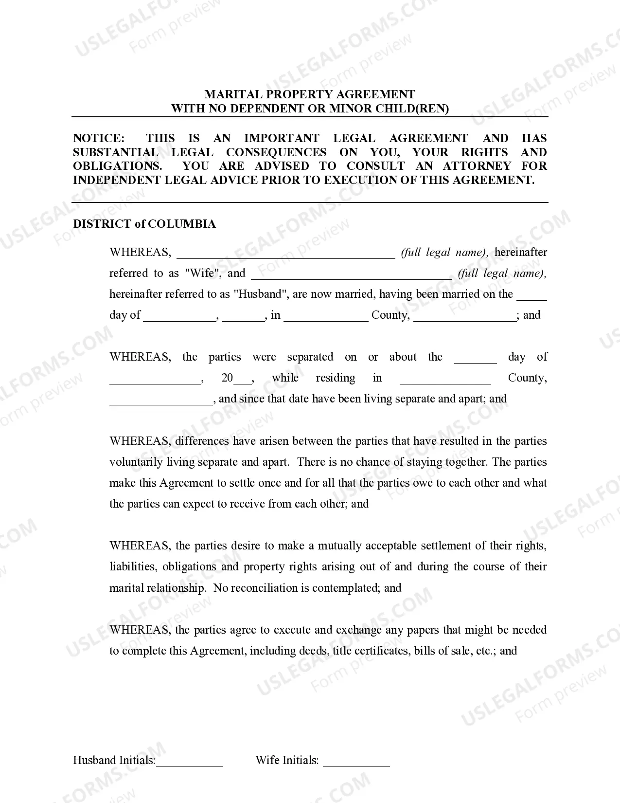 Preview Marital Legal Separation and Property Settlement Agreement no Children parties may have Joint Property or Debts Effective Immediately