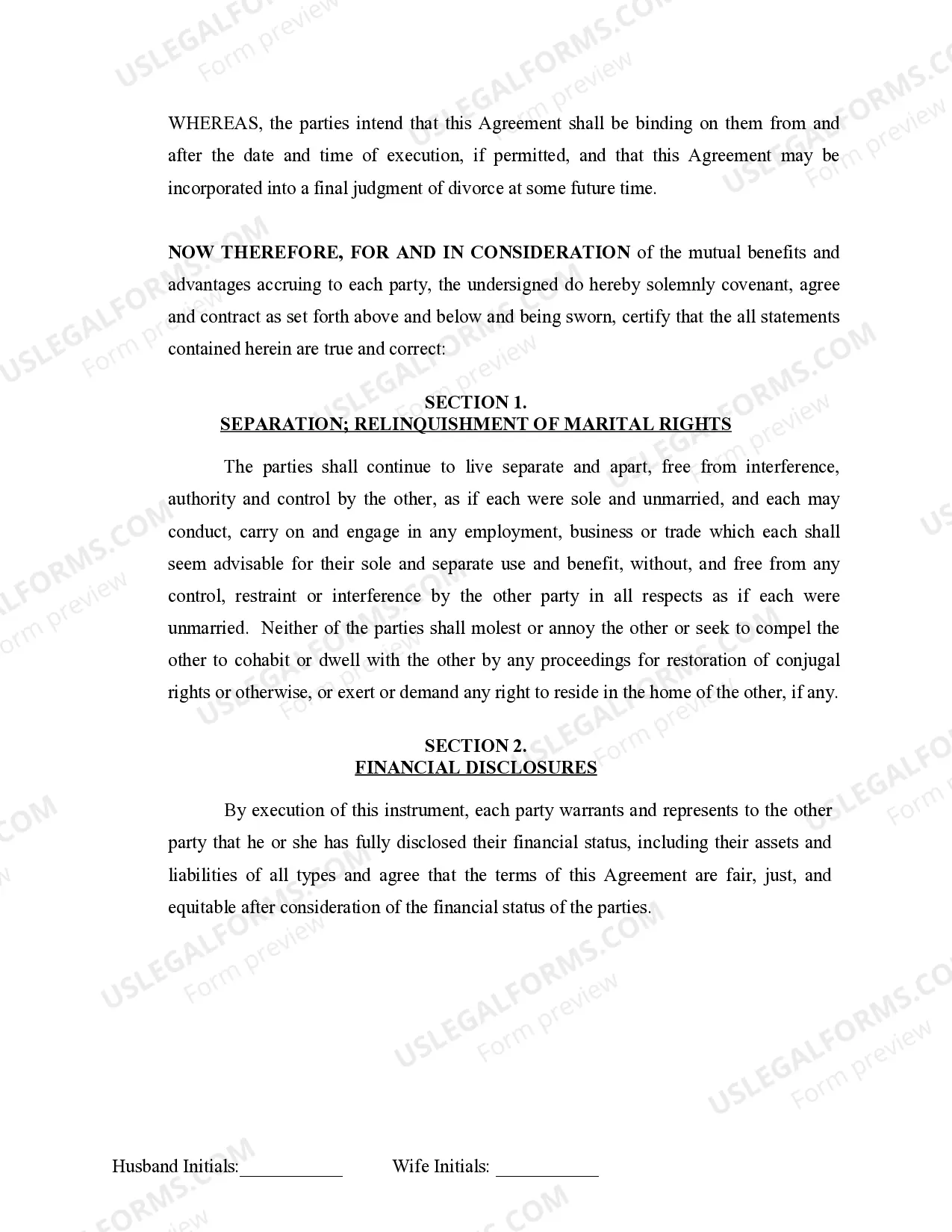 Preview Marital Legal Separation and Property Settlement Agreement no Children parties may have Joint Property or Debts Effective Immediately
