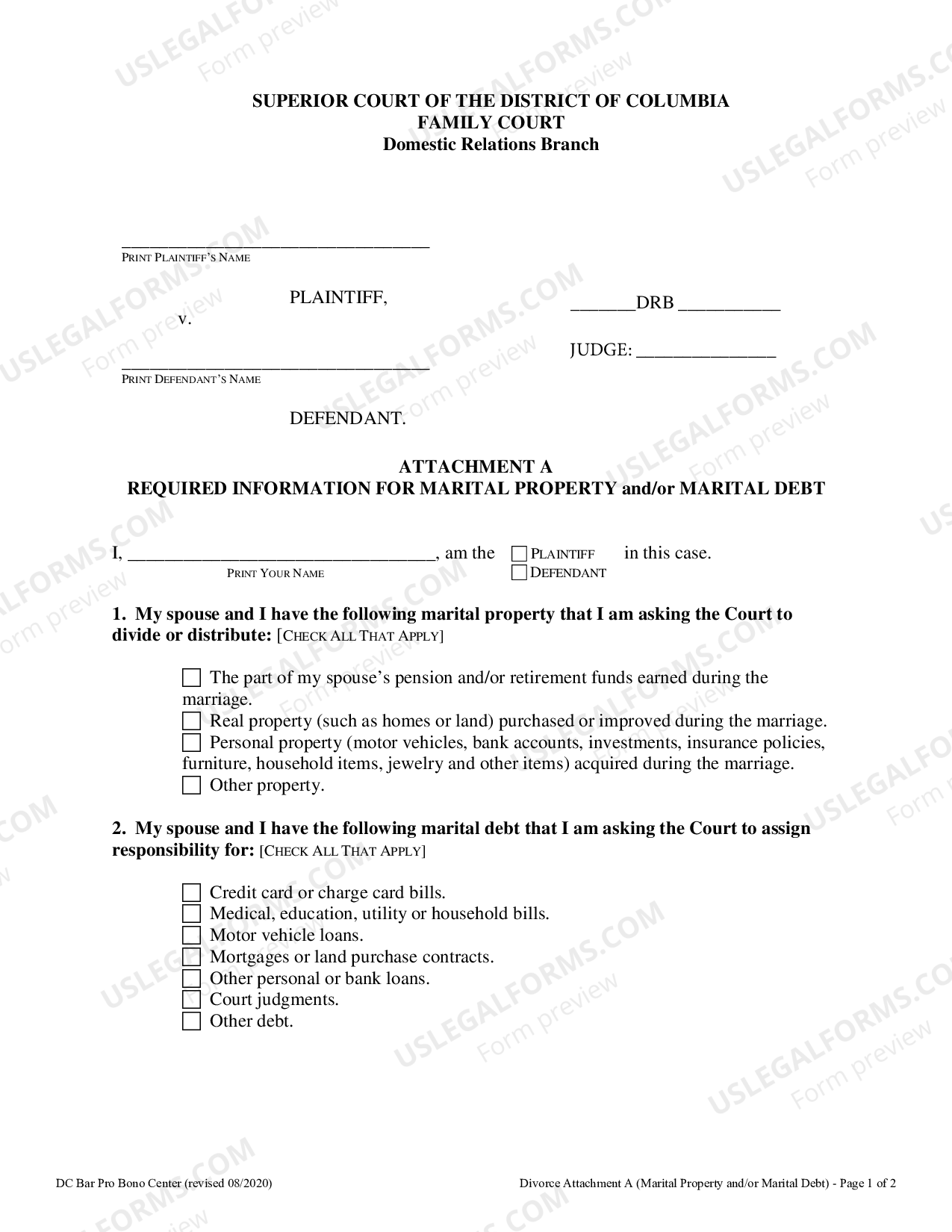 District of Columbia Attachment A Required Information for Marital