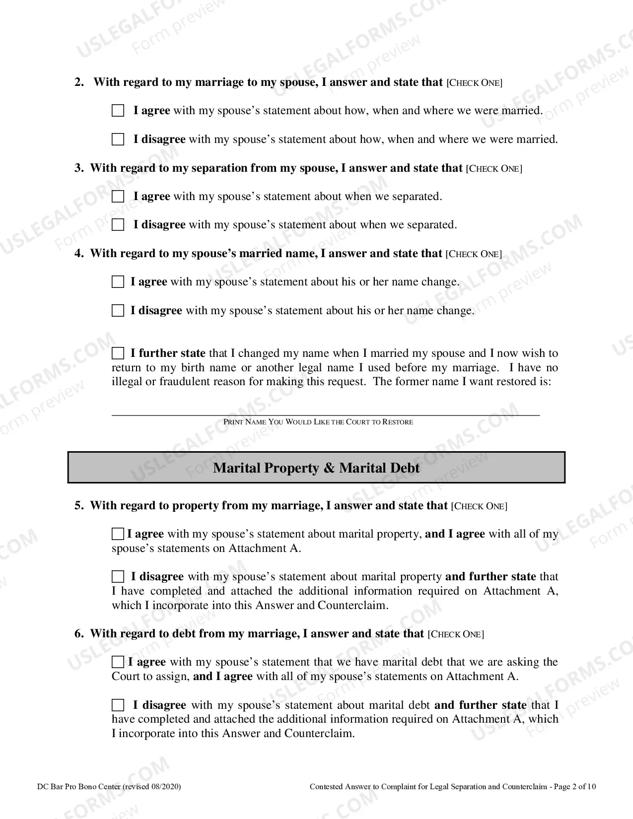 Preview Contested Answer to Complaint for Legal Separation Counterclaim
