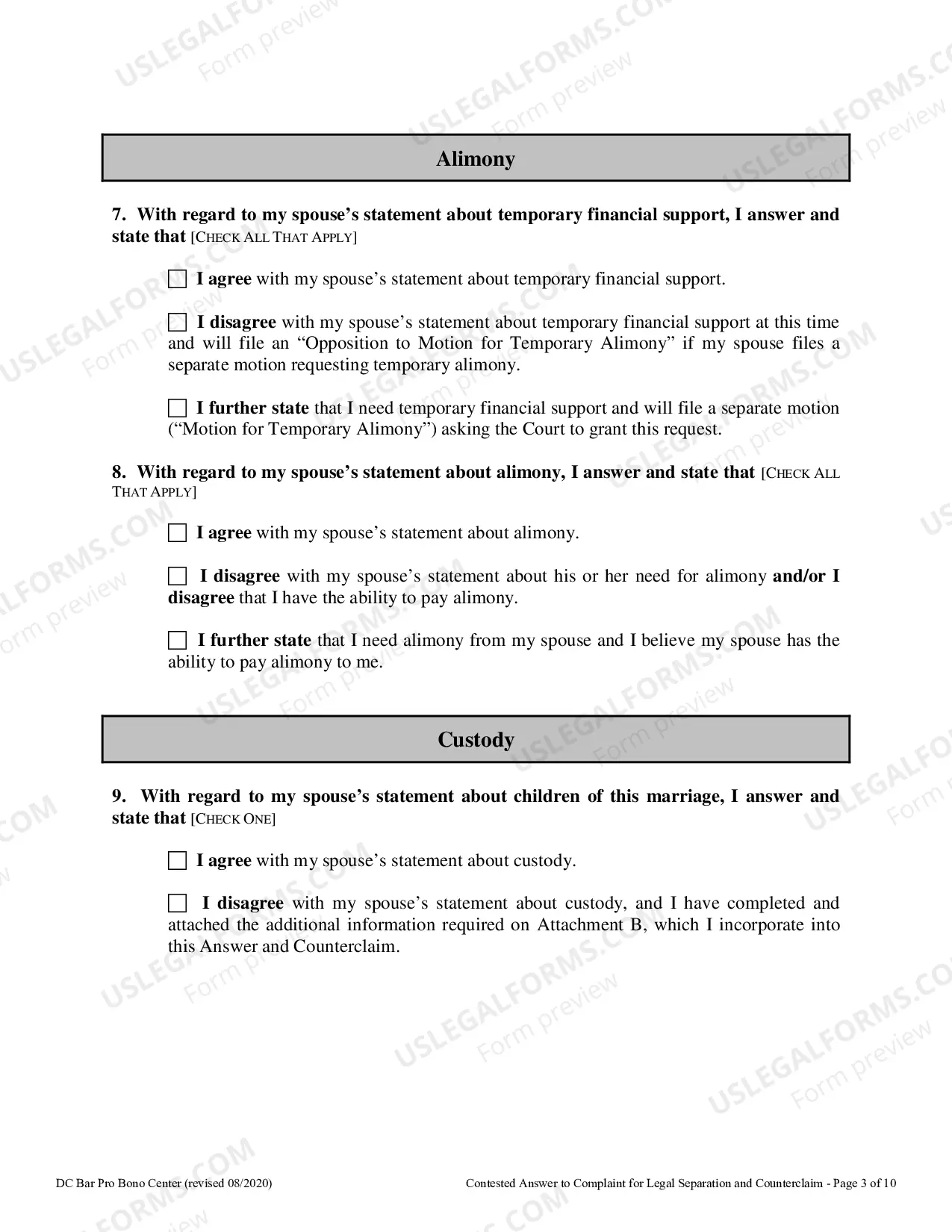 Preview Contested Answer to Complaint for Legal Separation Counterclaim