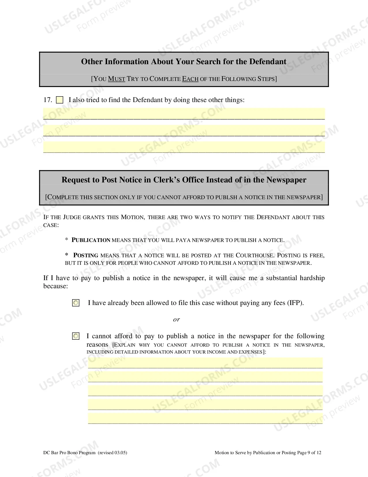 Preview Motion to Allow Service by Publication or Posting including Absent Defendant Locator Worksheet