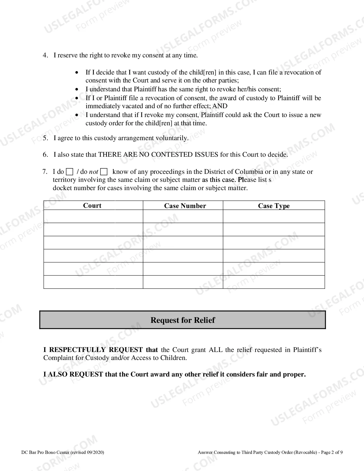 Preview Answer Consenting to Third Party Custody Order - Revocable at Will