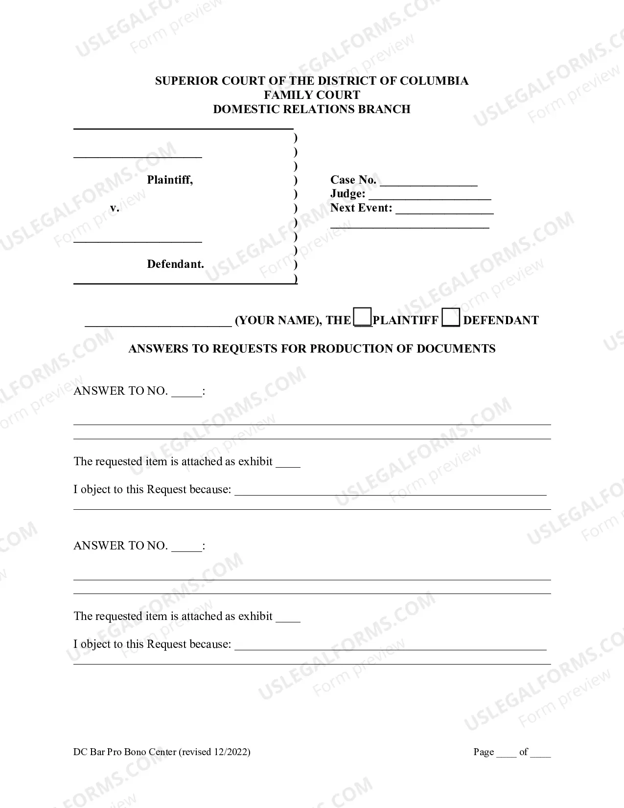 Preview Answers to Request for Production of Documents for Pro Se or Self Represented Persons