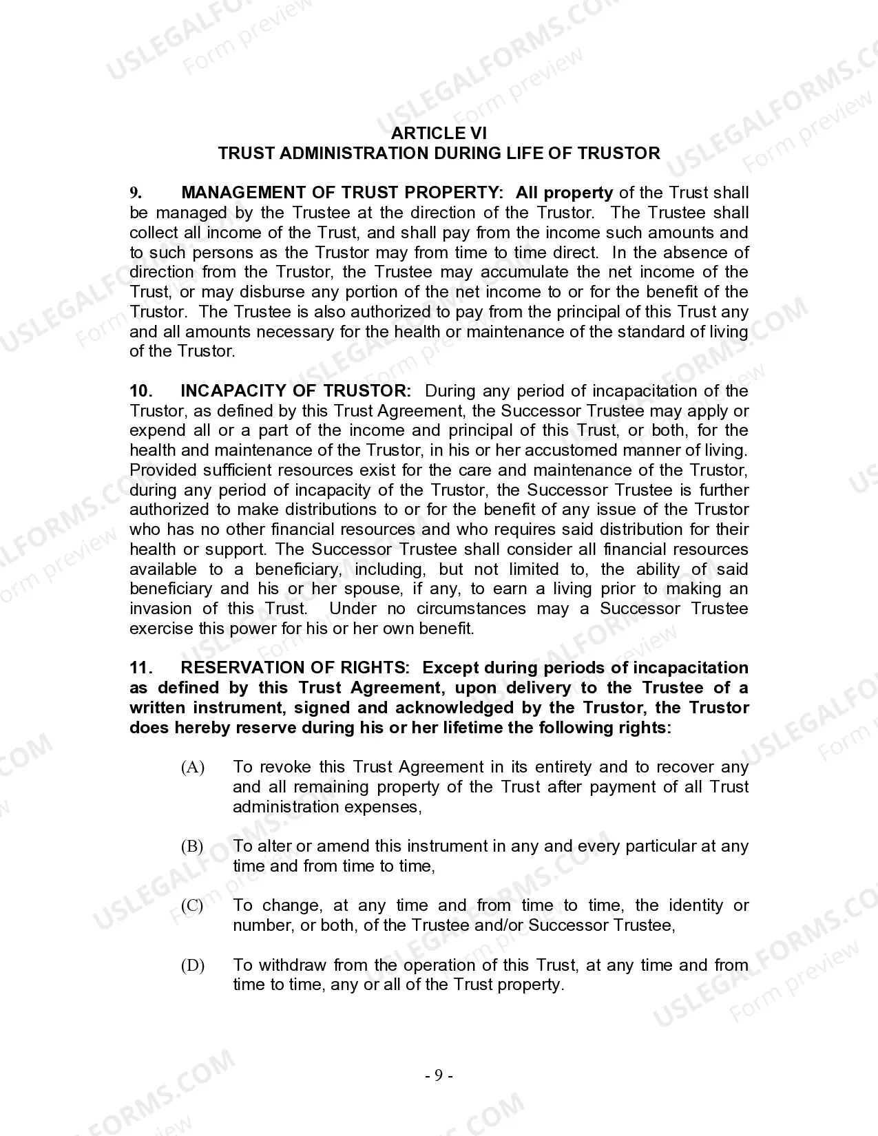 Preview Living Trust for Individual Who is Single, Divorced or Widow (or Widower) with No Children