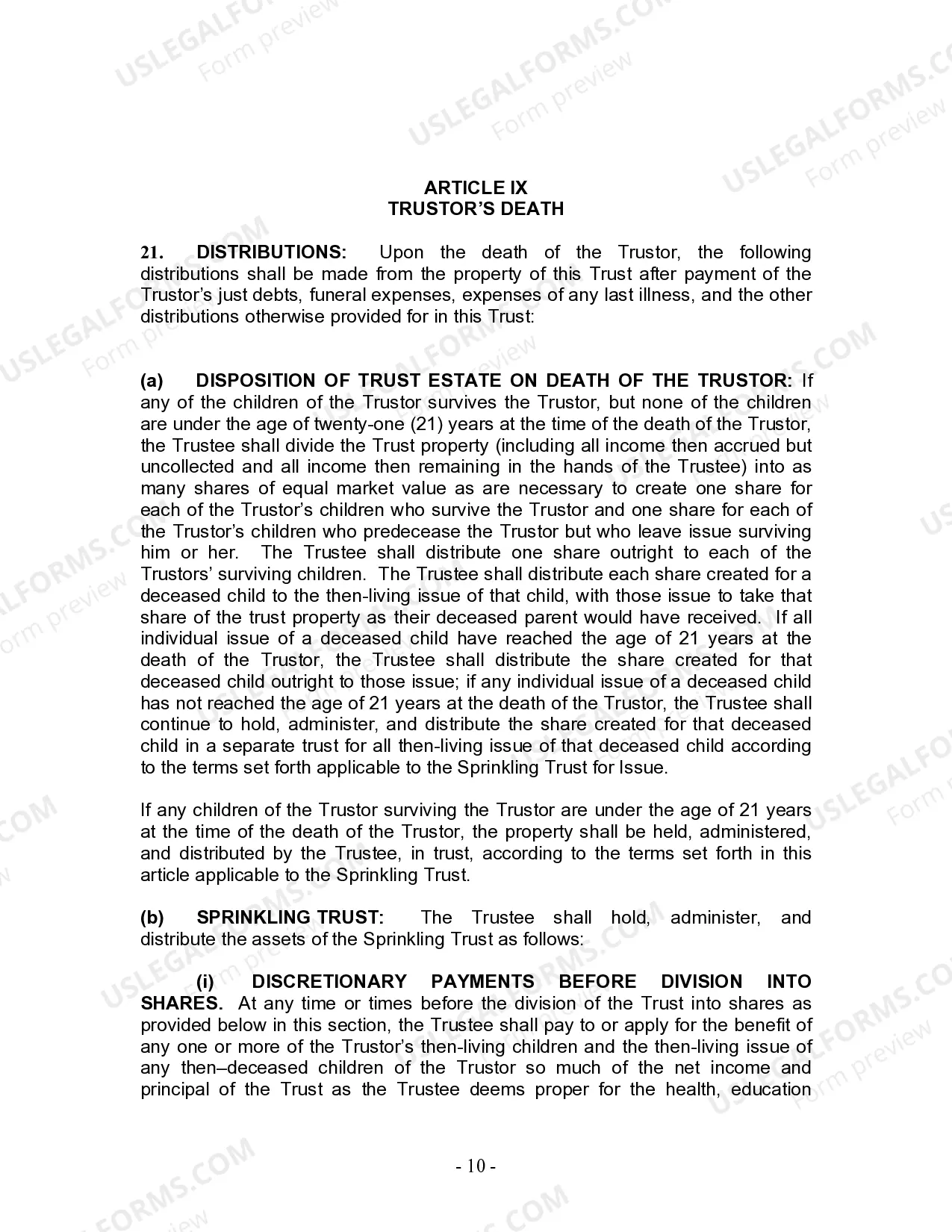 Preview Living Trust for Individual Who is Single, Divorced or Widow (or Widower) with Children