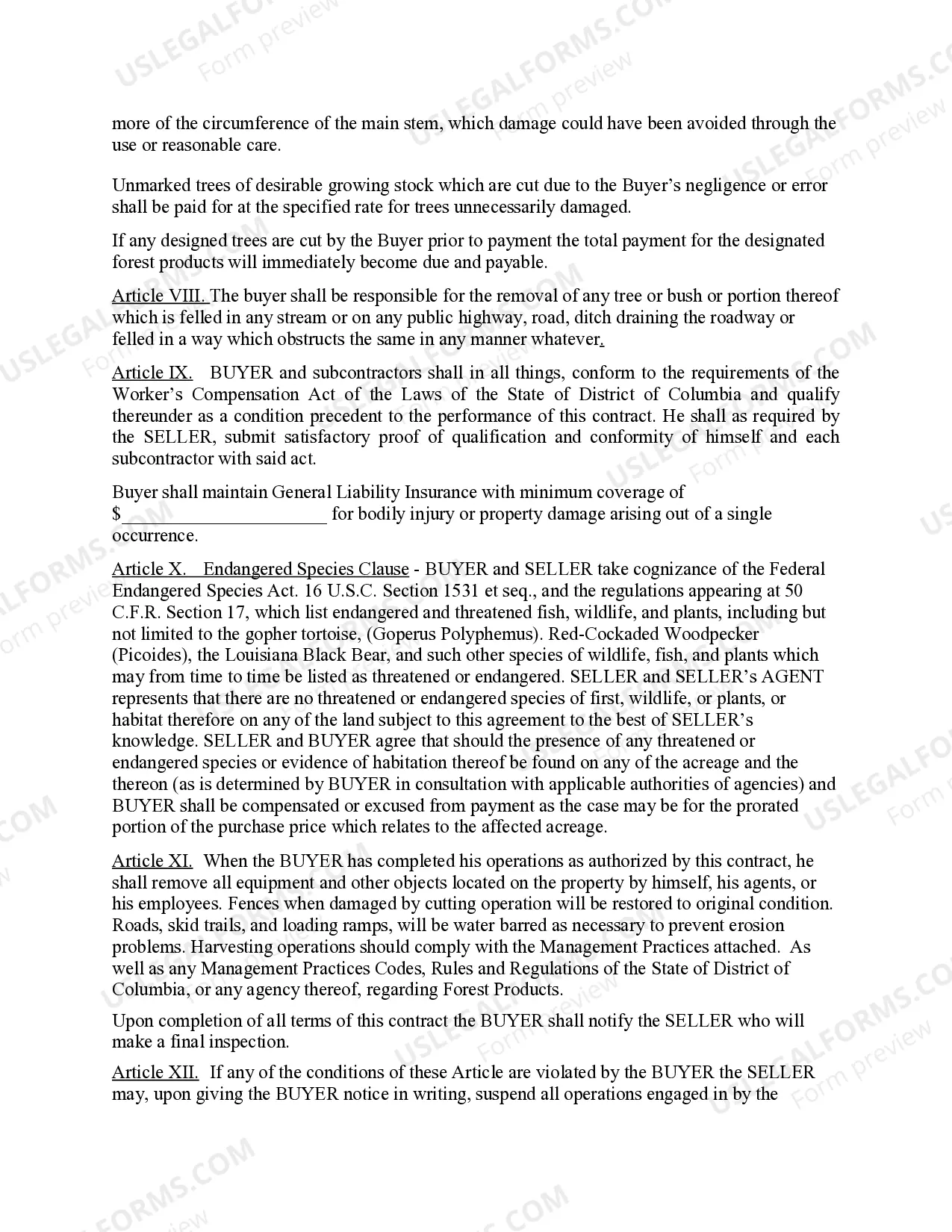 Preview District of Columbia Forest Products Timber Sale Contract