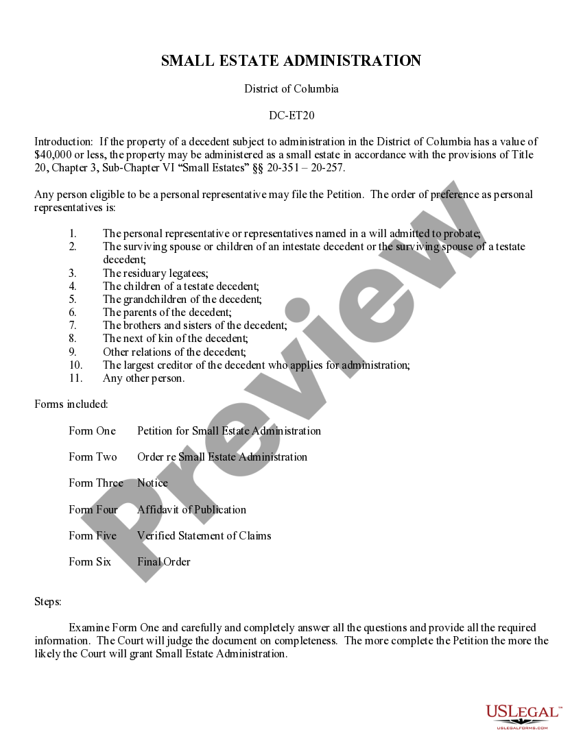 District of Columbia Small Estate Administration Package for Estates