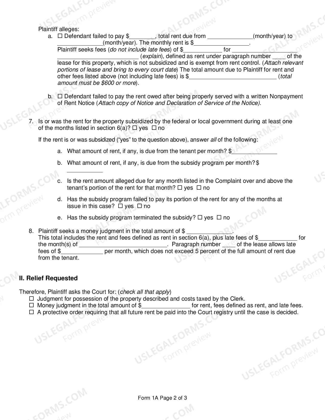Preview Possession of Property (Eviction) Complaint for Nonpayment of Rent Only