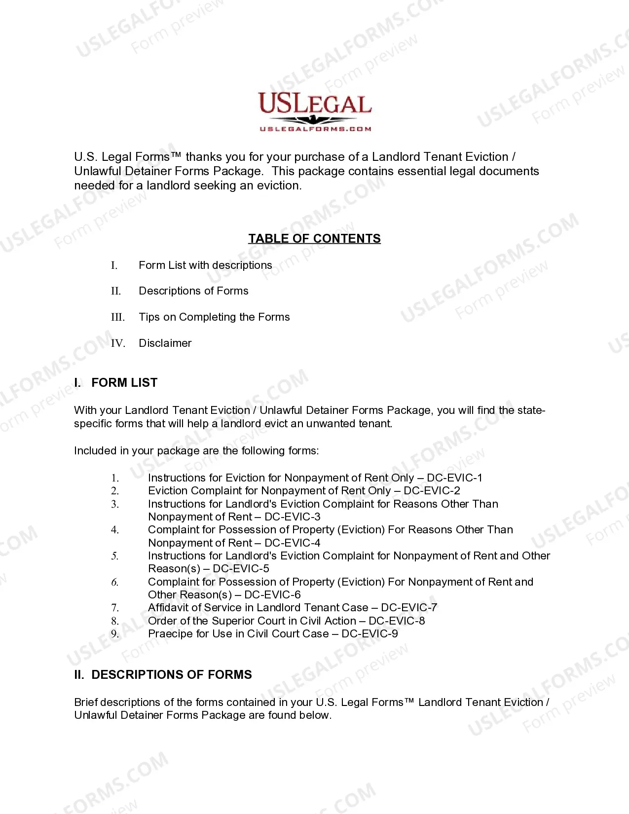 Preview District of Columbia Landlord Tenant Eviction / Unlawful Detainer Forms Package