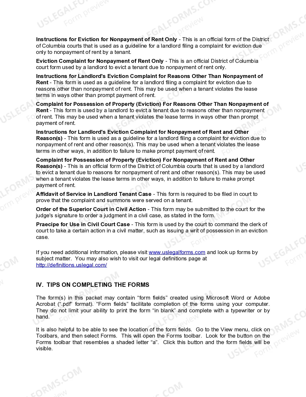 Preview District of Columbia Landlord Tenant Eviction / Unlawful Detainer Forms Package