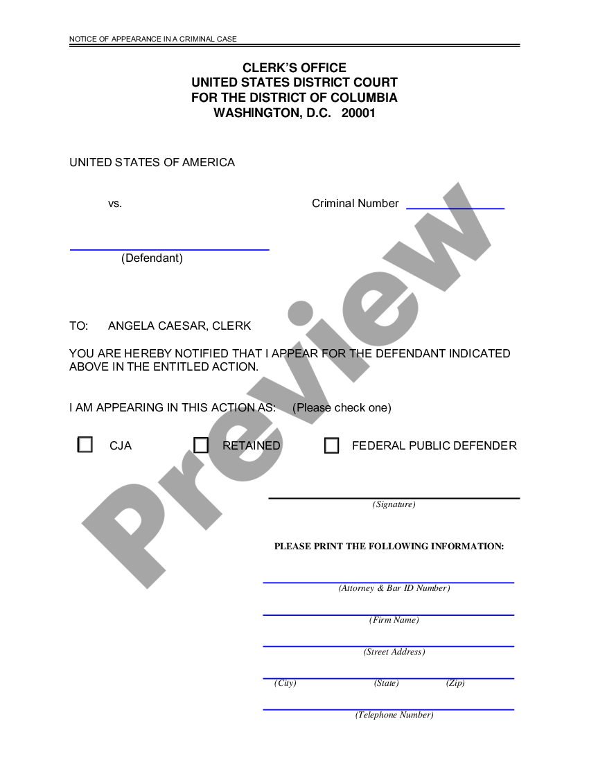 District of Columbia Notice of Appearance in a Criminal Case US Legal