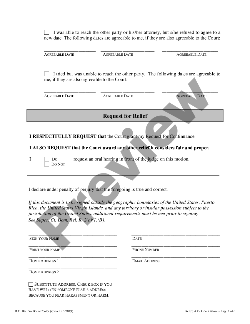 District of Columbia Request for Continuance | US Legal Forms