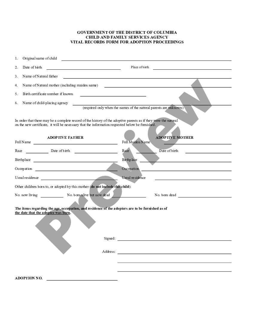 District of Columbia Vital Records Form for Adoption Proceedings | US ...