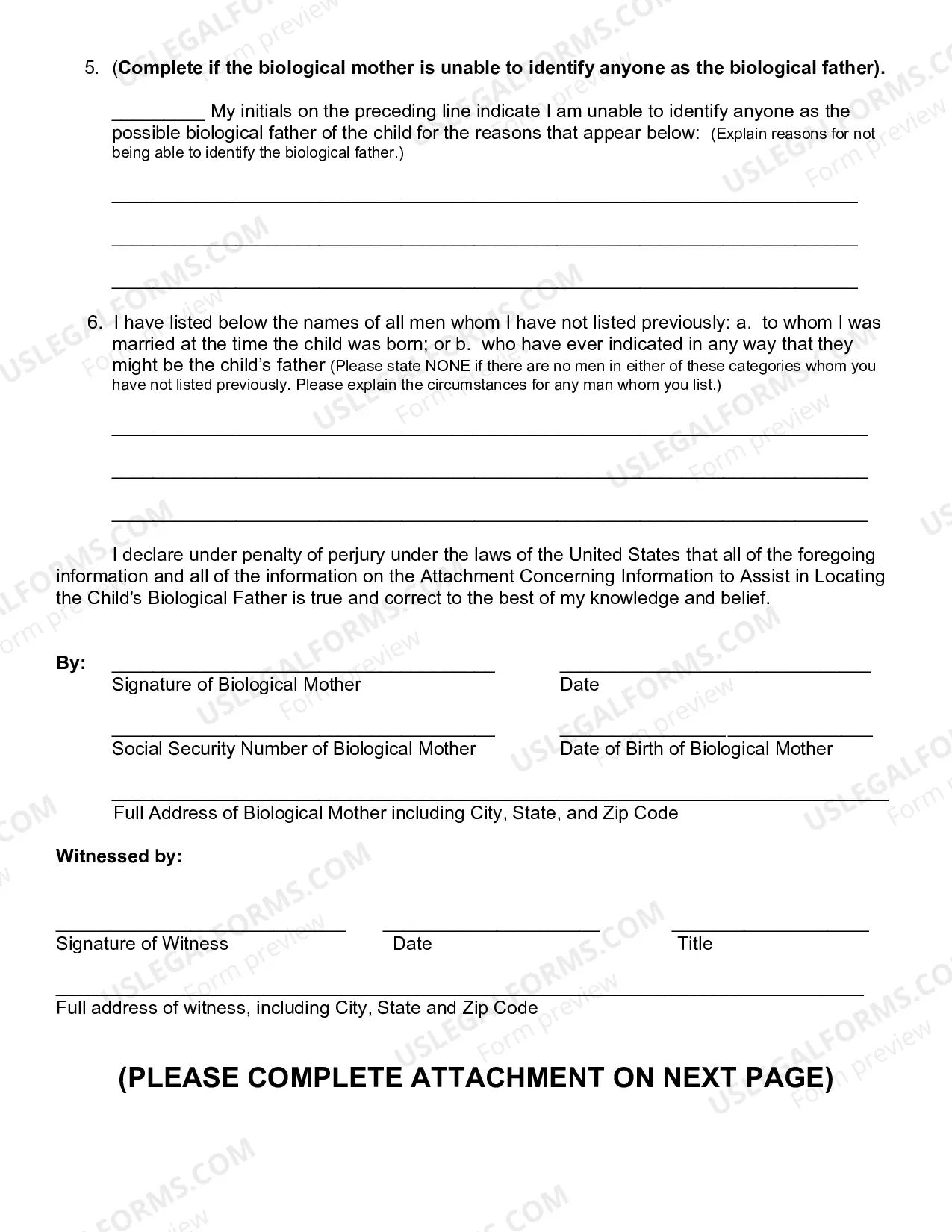 Preview Biological Mother's Affidavit Concerning Paternity