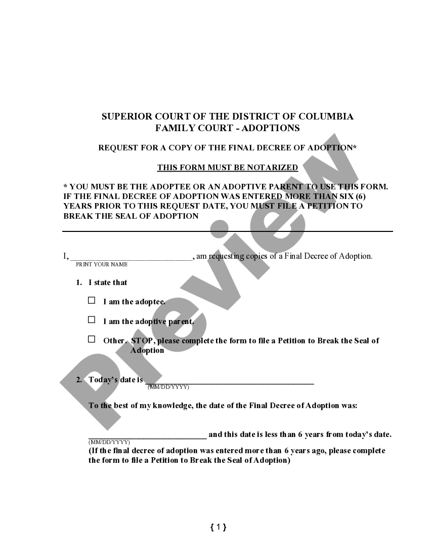 District of Columbia Request for a Copy of the Final Decree of Adoption ...