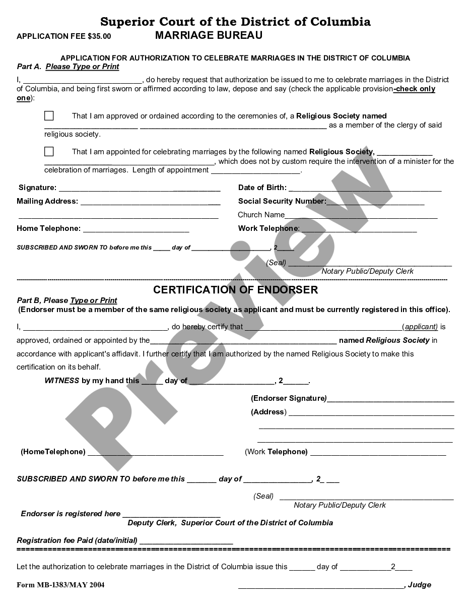 page 0 Application for Authorization to Celebrate Marriages in the District of Columbia preview