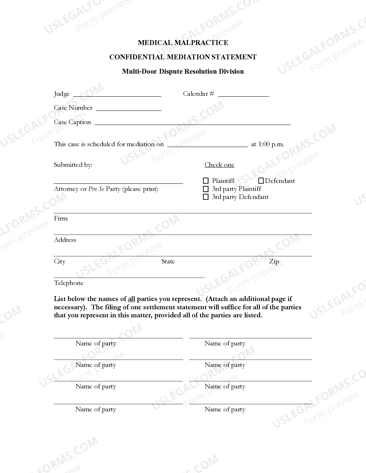 Preview Medical Malpractice - Confidential Mediation Statement