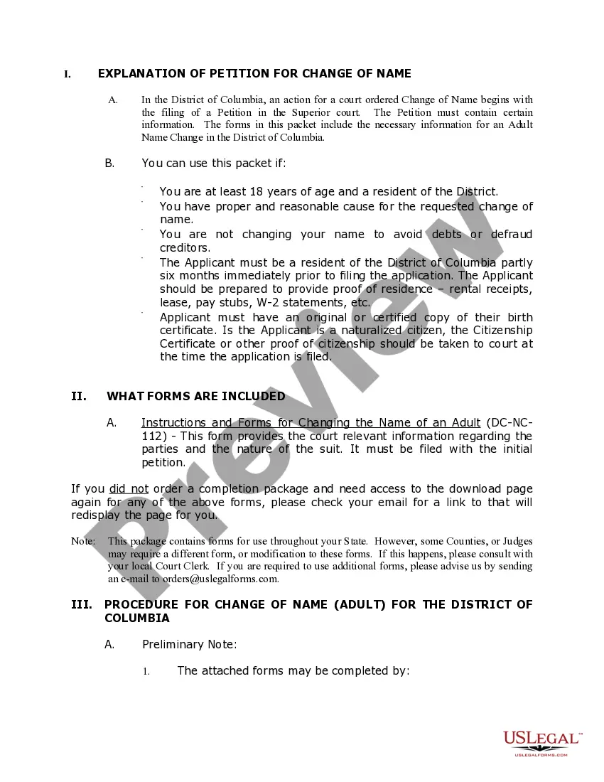 Preview District of Columbia Name Change Instructions and Forms Package for an Adult