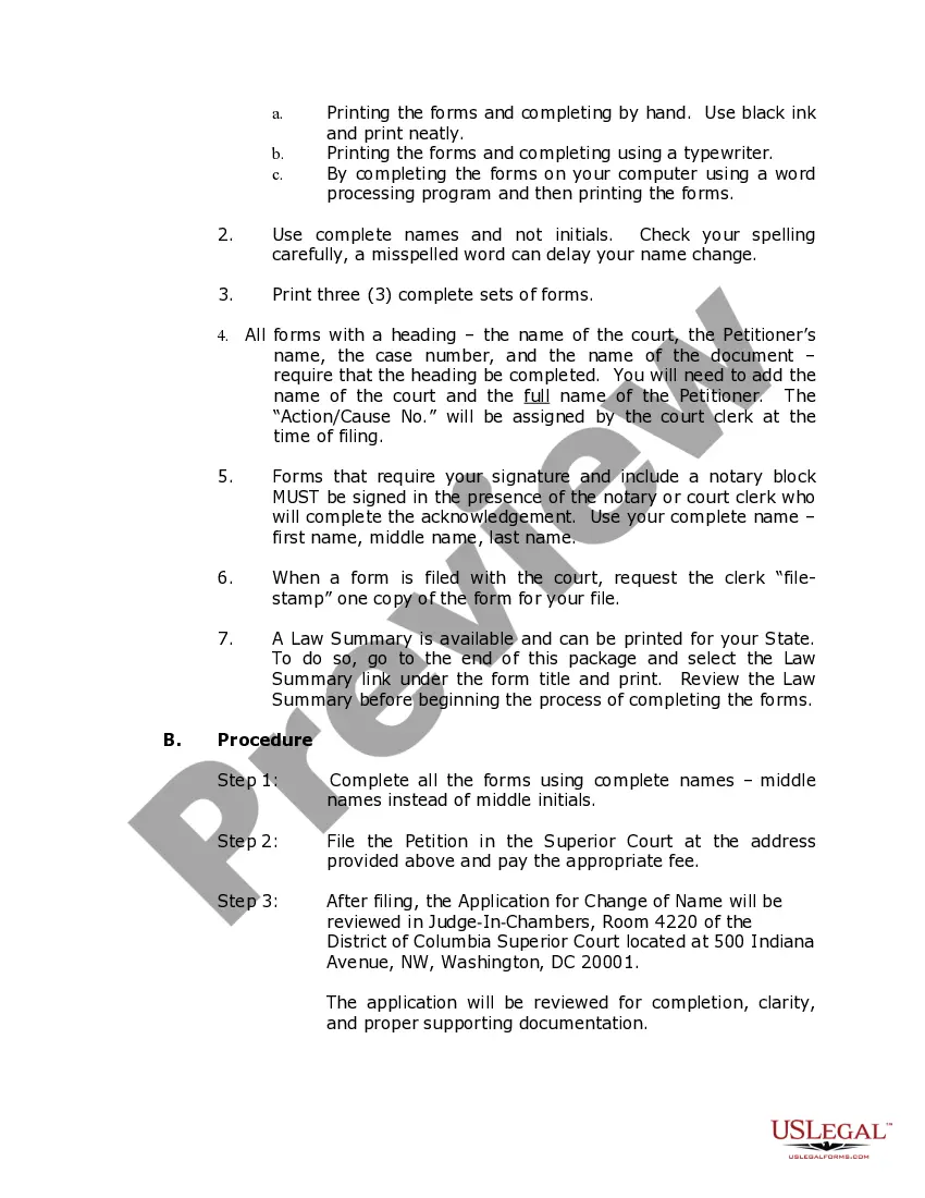 Preview District of Columbia Name Change Instructions and Forms Package for an Adult