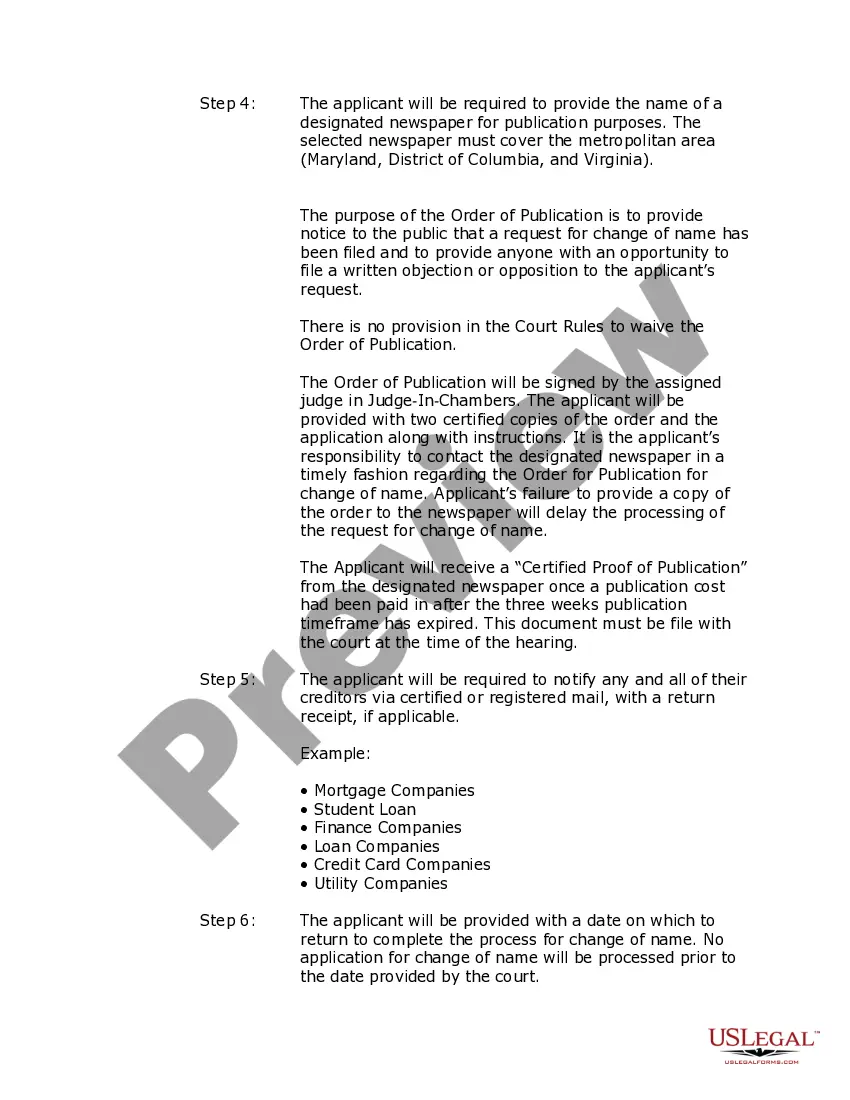 Preview District of Columbia Name Change Instructions and Forms Package for an Adult