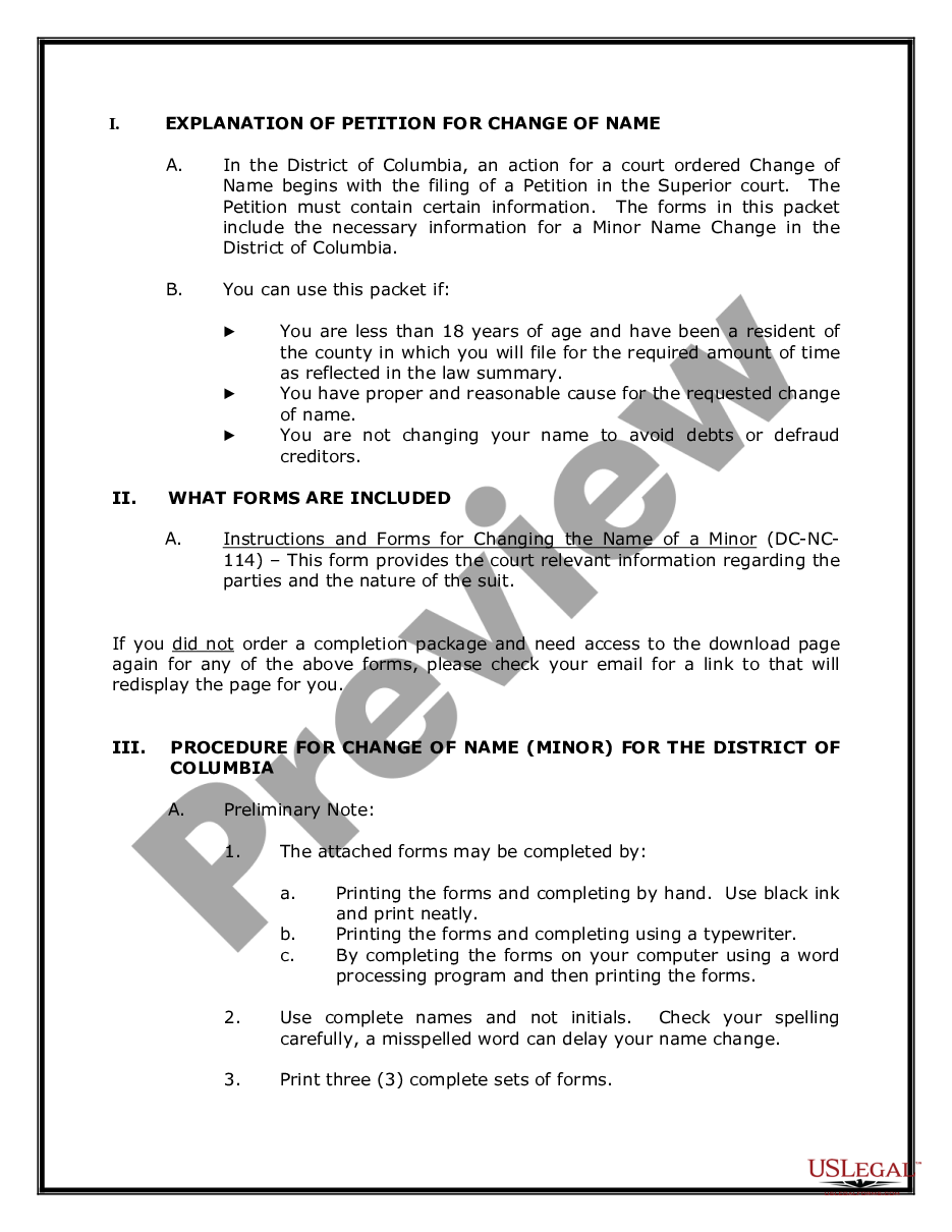 page 1 District of Columbia Name Change Instructions and Forms Package for Minor preview