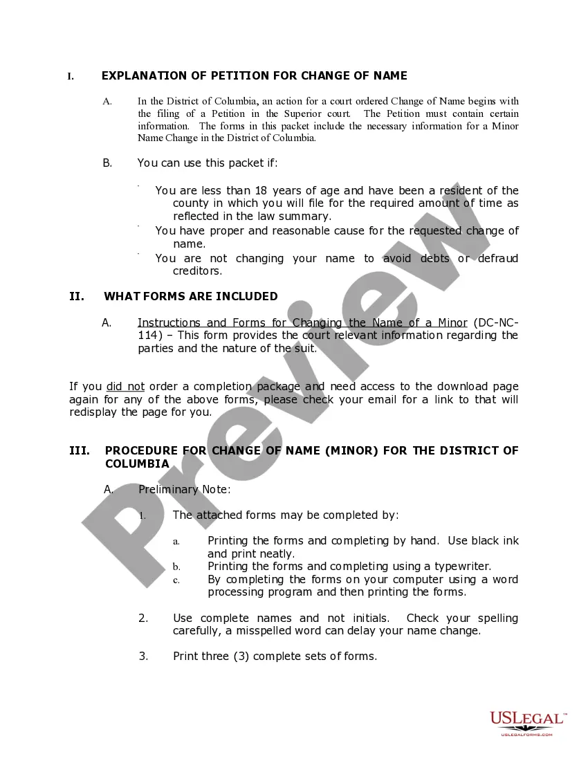 Preview District of Columbia Name Change Instructions and Forms Package for Minor