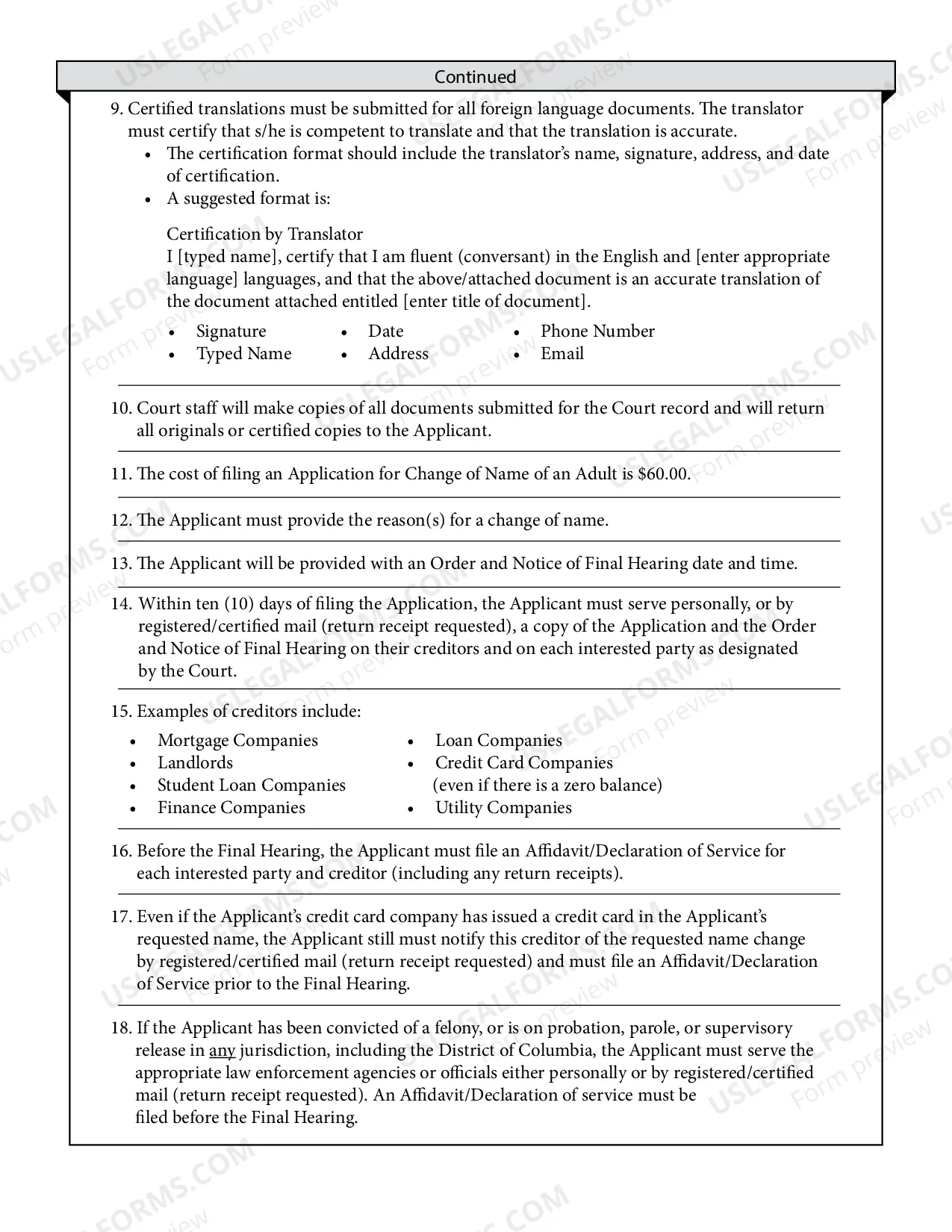 Preview Application for Change of Name Instructions for an Adult