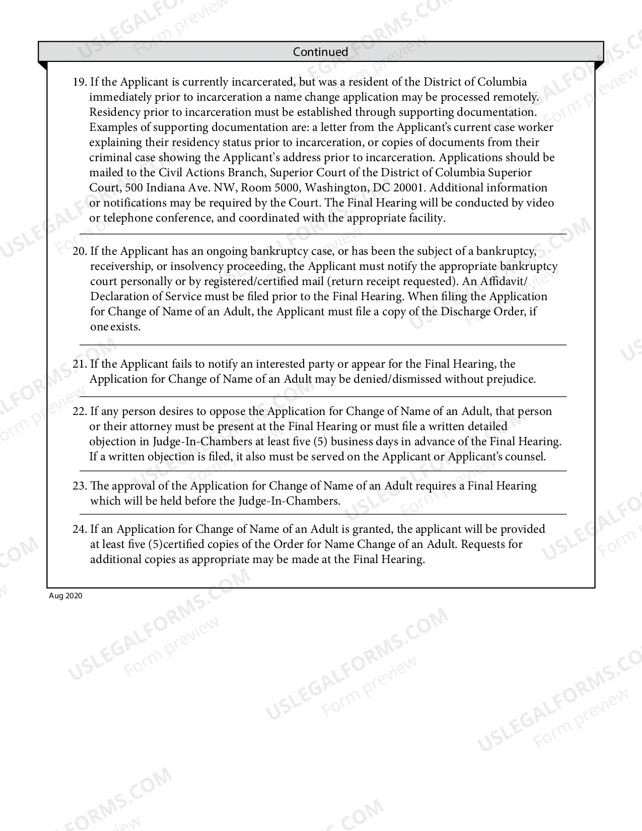 Preview Application for Change of Name Instructions for an Adult