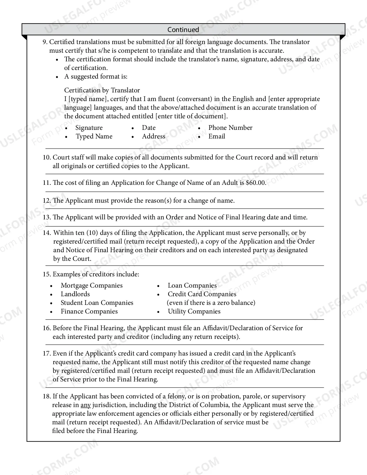 Preview Instructions and Forms for Changing the Name of an Adult