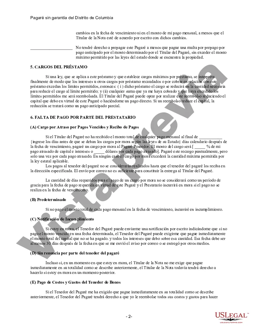 Preview Pagaré de pago a plazos no garantizado del Distrito de Columbia para tasa fija