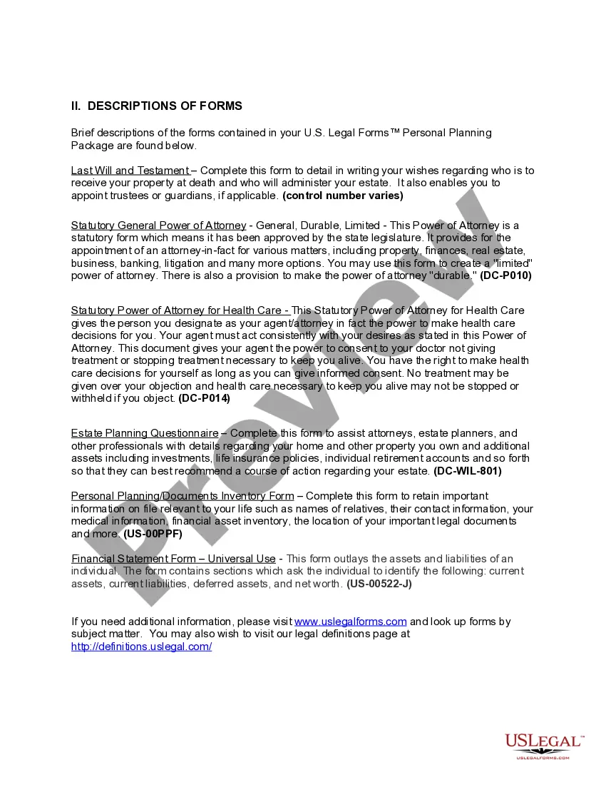 Get District of Columbia Life Documents Planning Package, including Will, Power of Attorney and Living Will Preview District of Columbia Life Documents Planning Package, including Will, Power of Attorney and Living Will