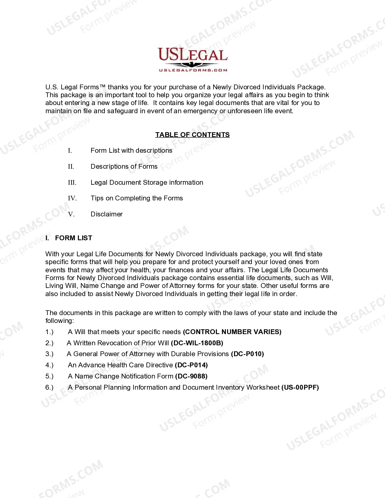 Preview District of Columbia Newly Divorced Individuals Package