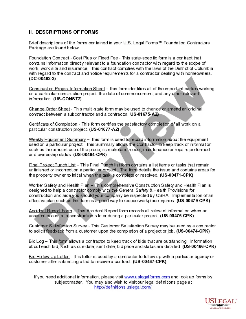 Get District of Columbia Foundation Contractor Package Preview District of Columbia Foundation Contractor Package