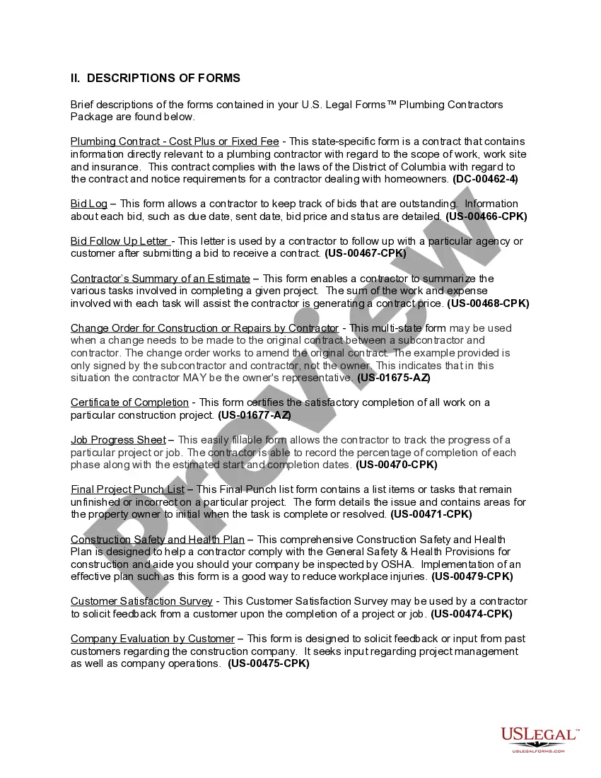 Preview District of Columbia Plumbing Contractor Package