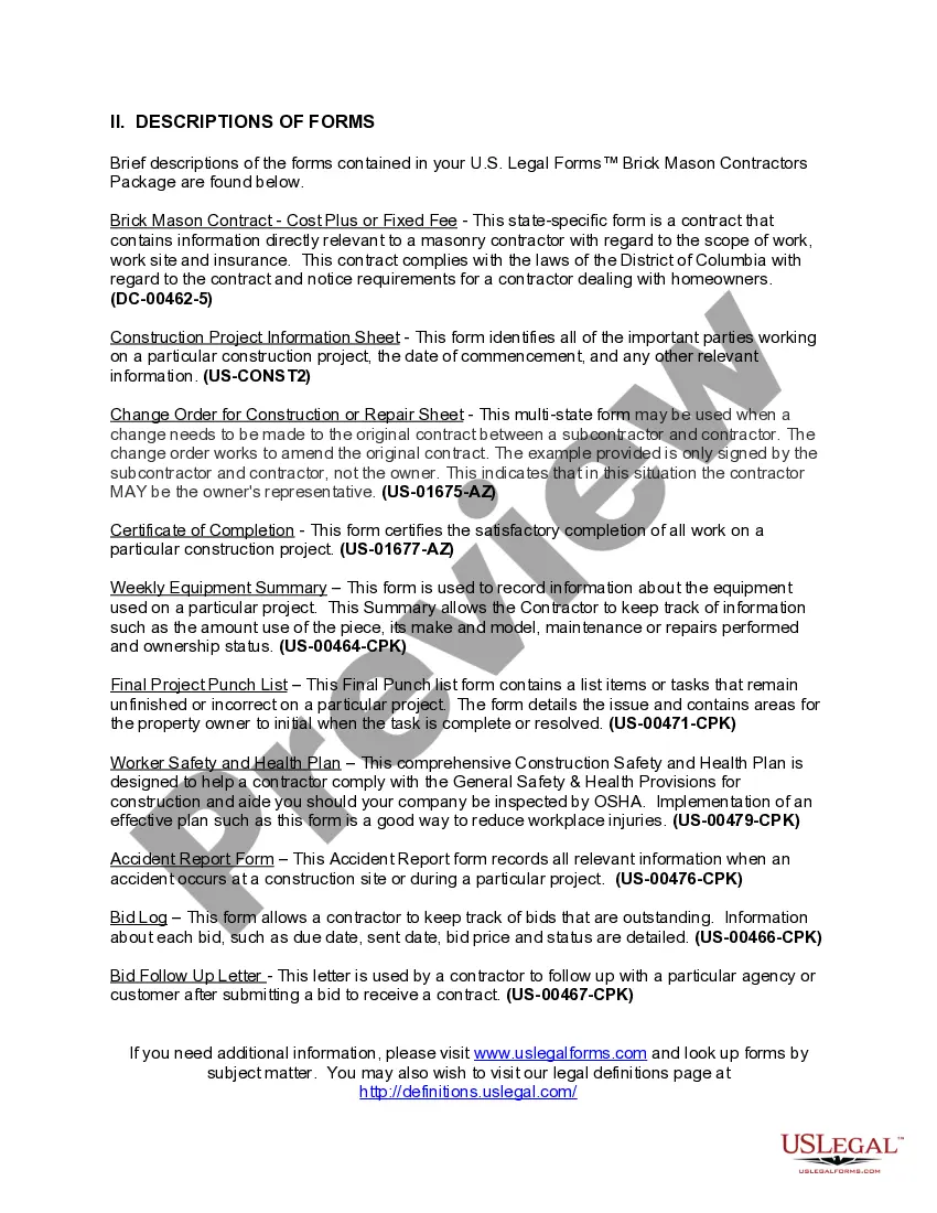 Preview District of Columbia Brick Mason Contractor Package