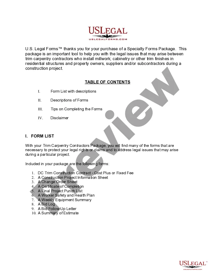 Preview District of Columbia Trim Carpentry Contractor Package