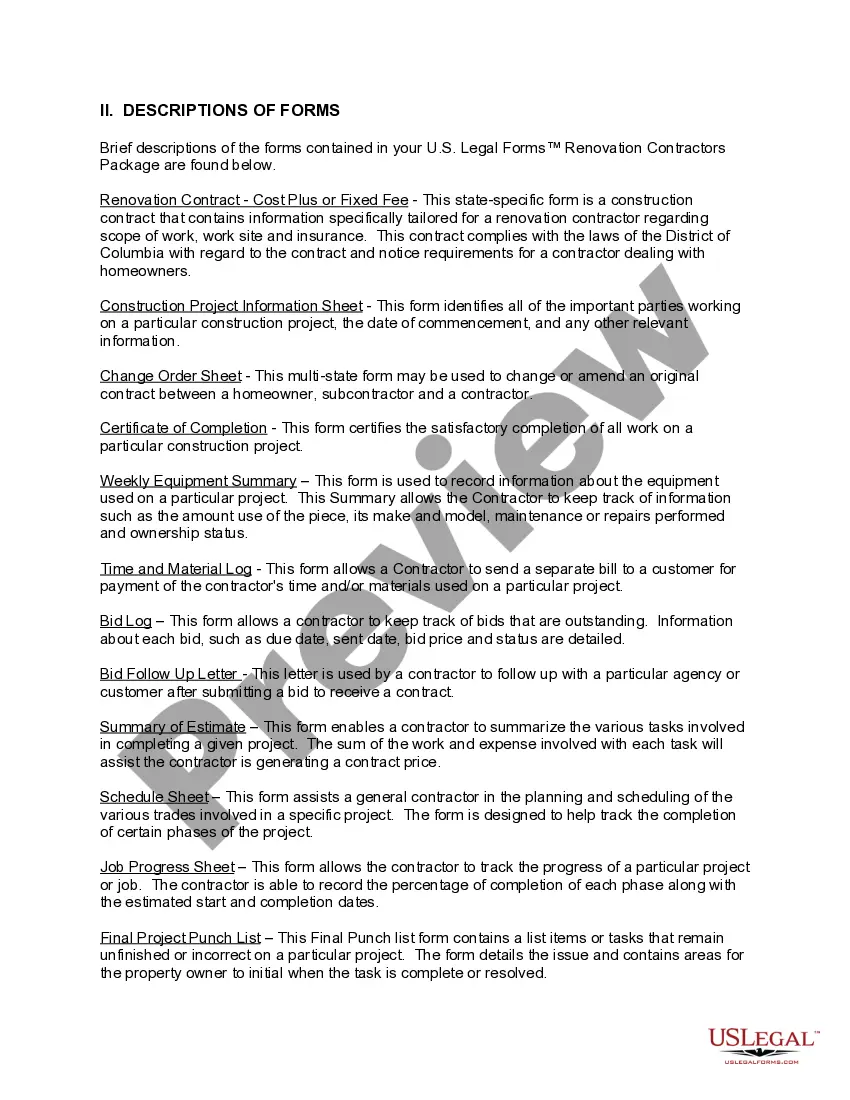 Preview District of Columbia Renovation Contractor Package