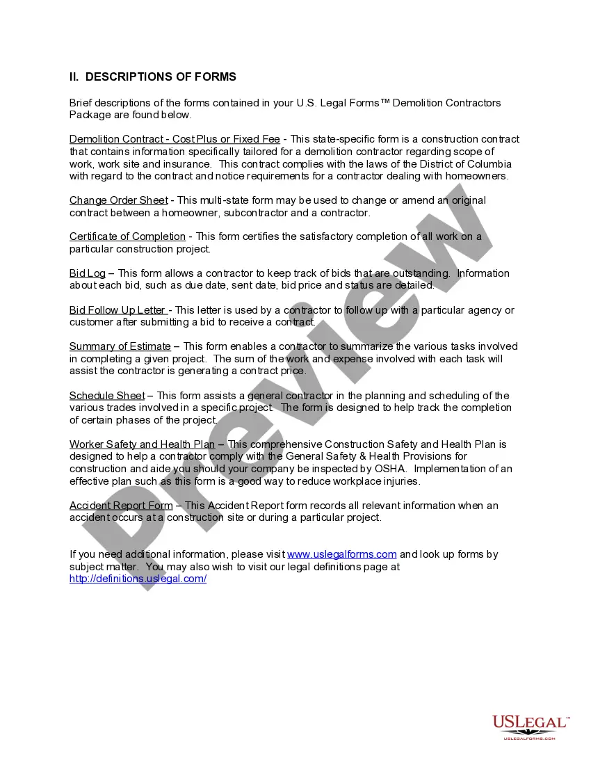 Preview District of Columbia Demolition Contractor Package