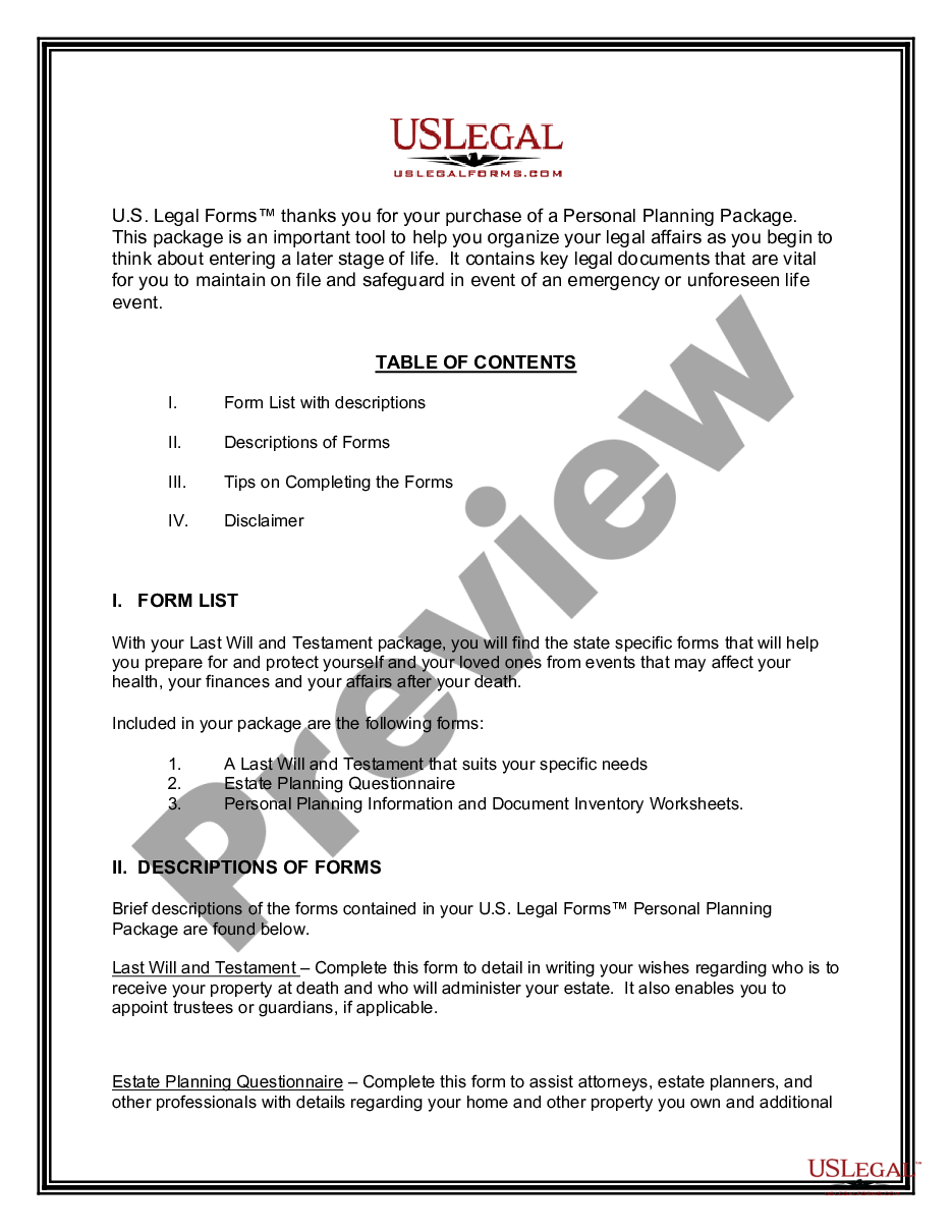 page 1 Last Will and Testament Package preview