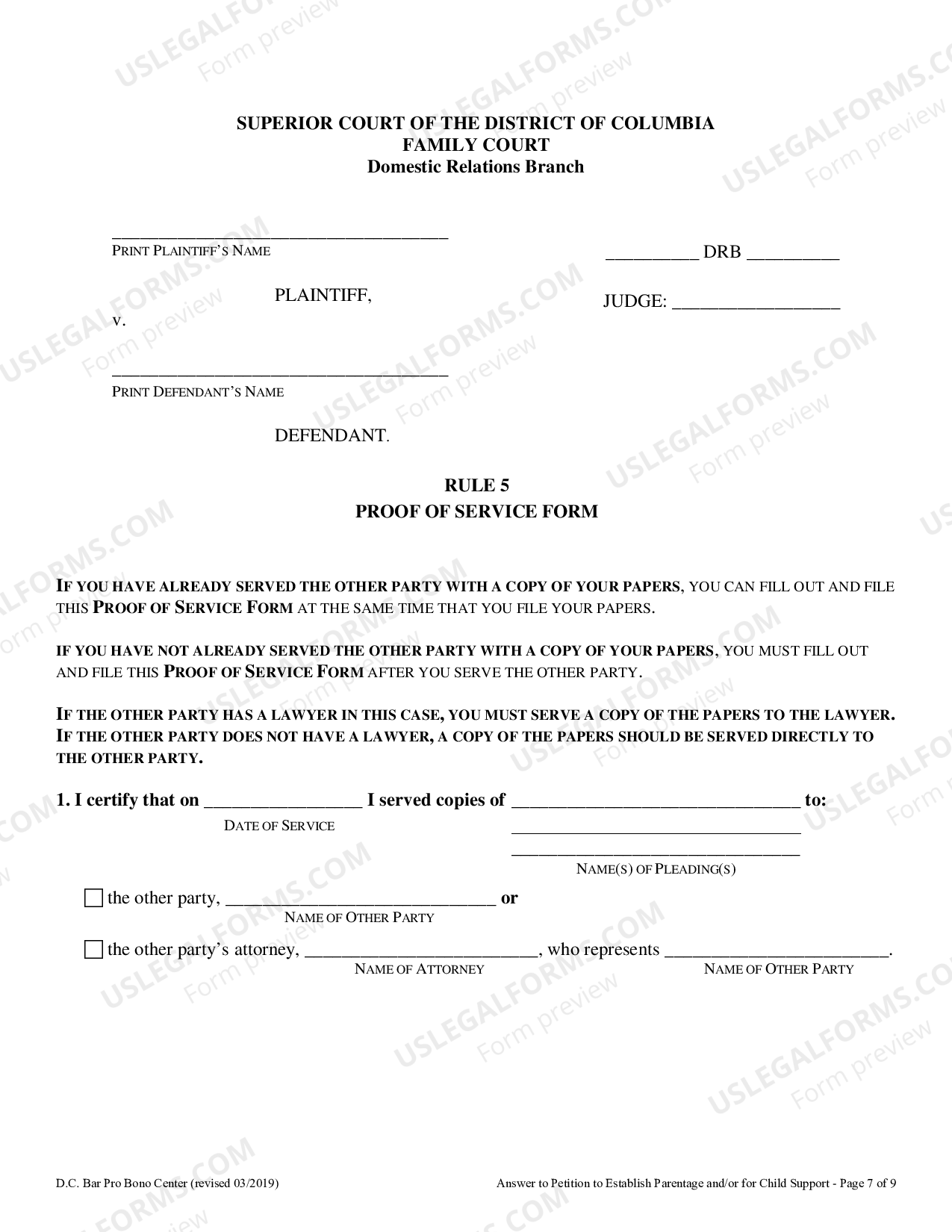 District of Columbia Answer to Petition to Establish Paternity and or for Child Support US