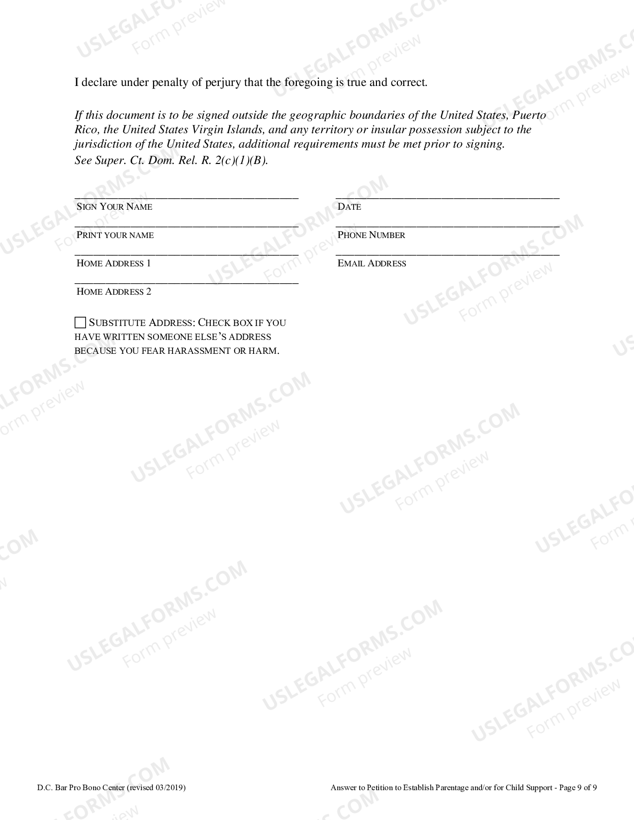 District of Columbia Answer to Petition to Establish Paternity and or for Child Support US