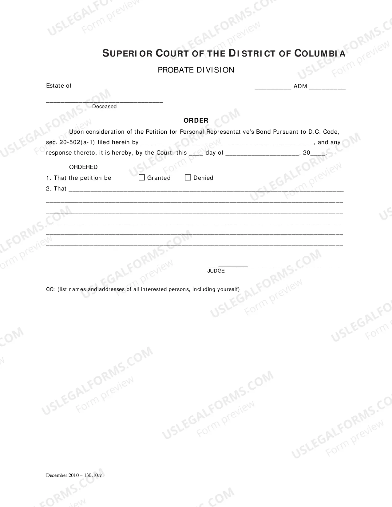 Preview Petition for Personal Representative's Bond Pursuant to D.C. Code Sec. 20-502 (a-1)