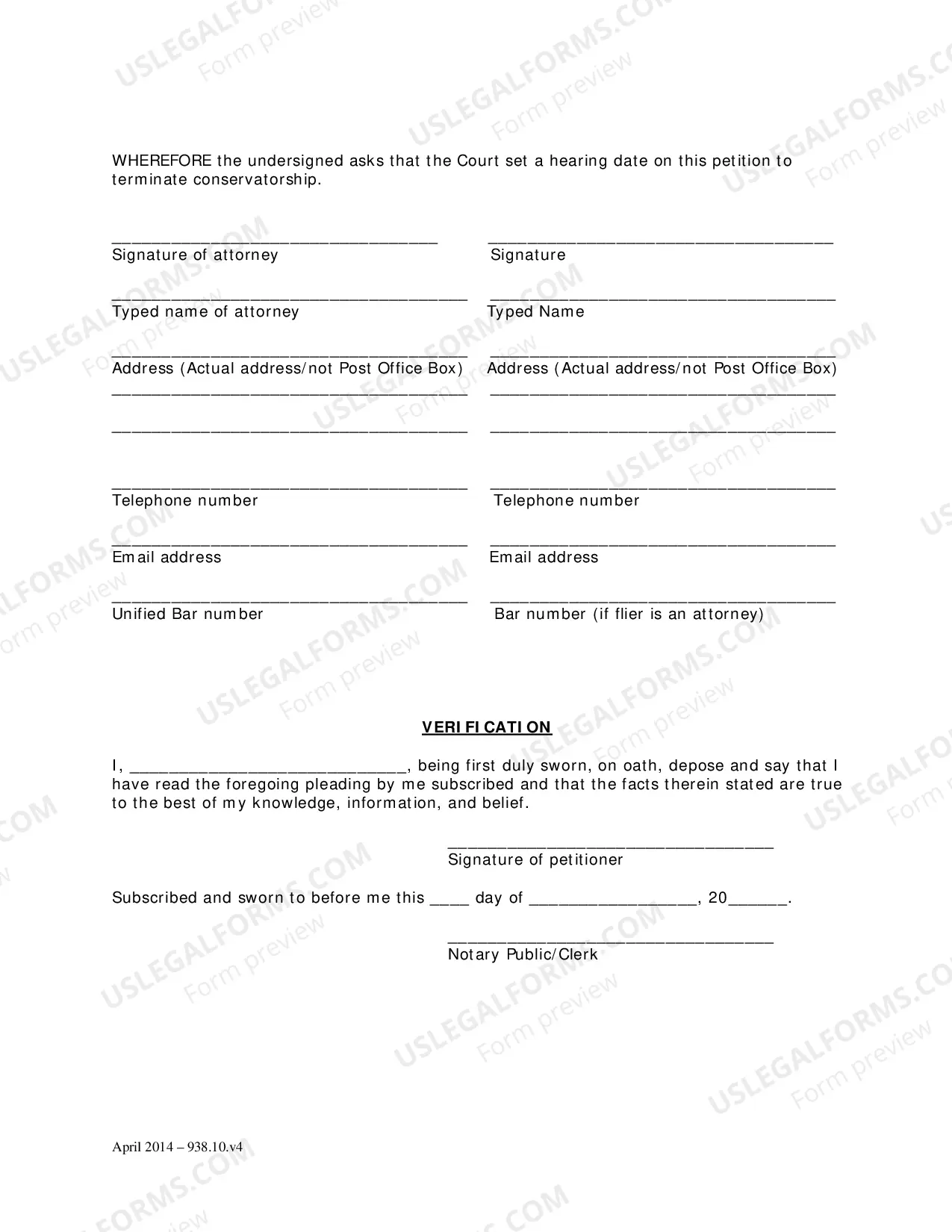 Preview Petition Post Appointment to Terminate Conservatorship, Preliminary Order of Termination, Notice of Right to Respond and/or Request an Oral Hearing, Order Appointing Counsel and Notice of Hearing on Subsequent Petition
