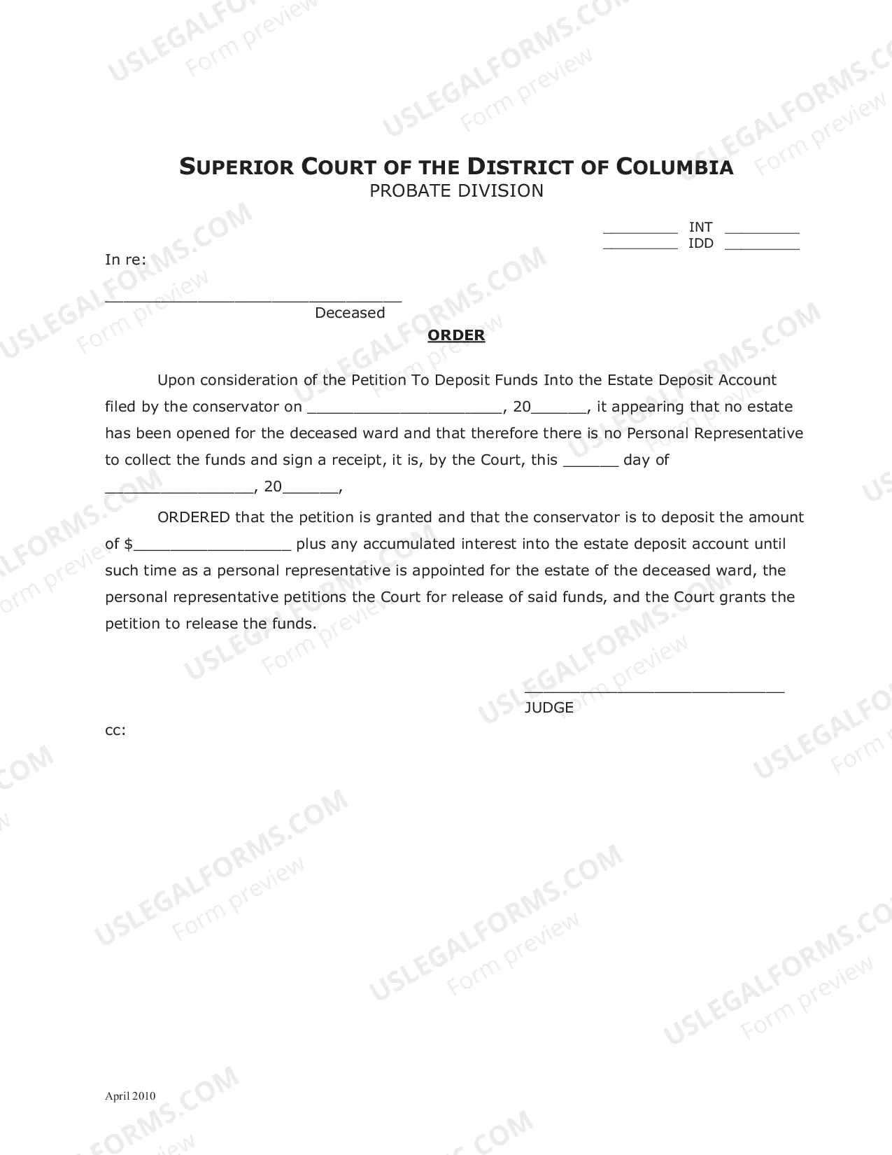 Preview Petition Post Appointment - SCR-PD-322 - to Deposit Funds into the Estate Deposit Account - Pro Se